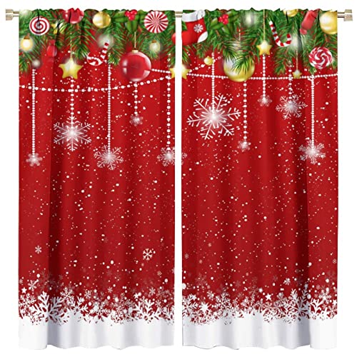Merry Christmas Blackout Curtains with Red Floral Snowflake Pattern, 2 Panels 21W x 45L - Insulated Room Darkening Drapes