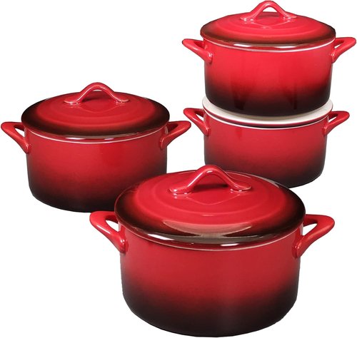 Ceramic Mini Cocotte Set - 17.7 Ounces Casserole Dishes with Lids & Handles | Oven & Microwave Safe, Red Gradient