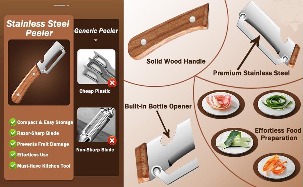 Skiennix Multi-Functional Vegetable Peeler - Stainless Steel Blade & Wooden Handle | 2-Pack