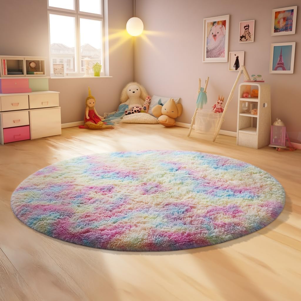 Ophanie Round Area Rug - Colorful 4Ft Rainbow Unicorn Design | Soft Plush Carpet for Kids' Rooms