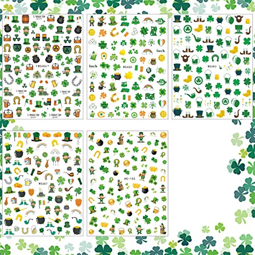 St. Patrick's Day Nail Stickers 3D Shamrock Green Clover Decals, 5 Sheets