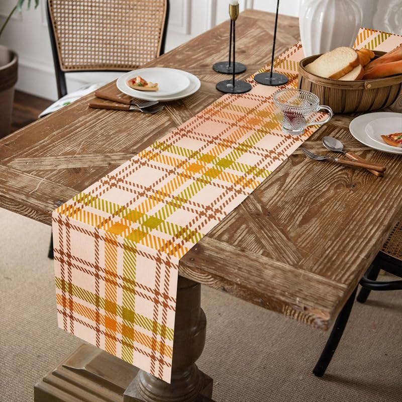 WRAPAHOLIC Fall Orange Plaid Table Runner 13 x 72 Inch Autumn Farmhouse Linen Dining Decor