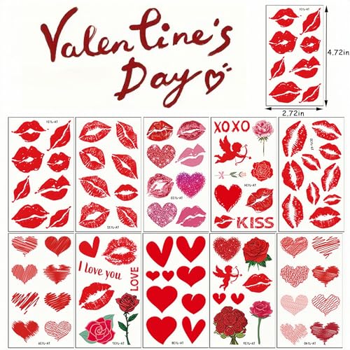 Valentines Day Temporary Tattoos - 10 Sheets Red Heart Lip Fake Tattoos