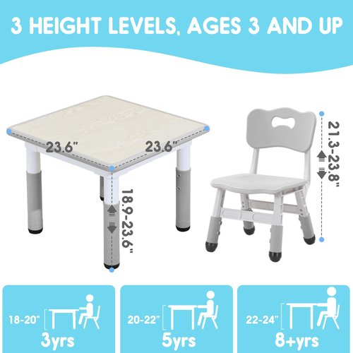 JIAOQIU Kids Table & Chair Set with Adjustable Toddler-Safe Non-Slip Legs, Activity & Graffiti-Proof Desktop Ages 3-12