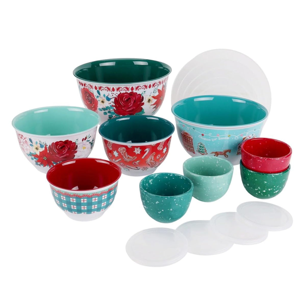 PtaTt Melamine Mixing Bowl Set with Lids, 18 Piece Set, Wishful Winter