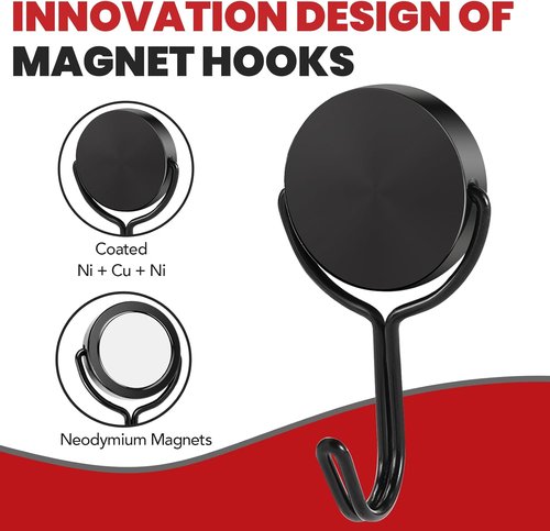 Buelkmag Magnetic Hooks - 50LBS Heavy Duty Magnet Hooks for Cruise Cabins & Home | 4 Pack - Black