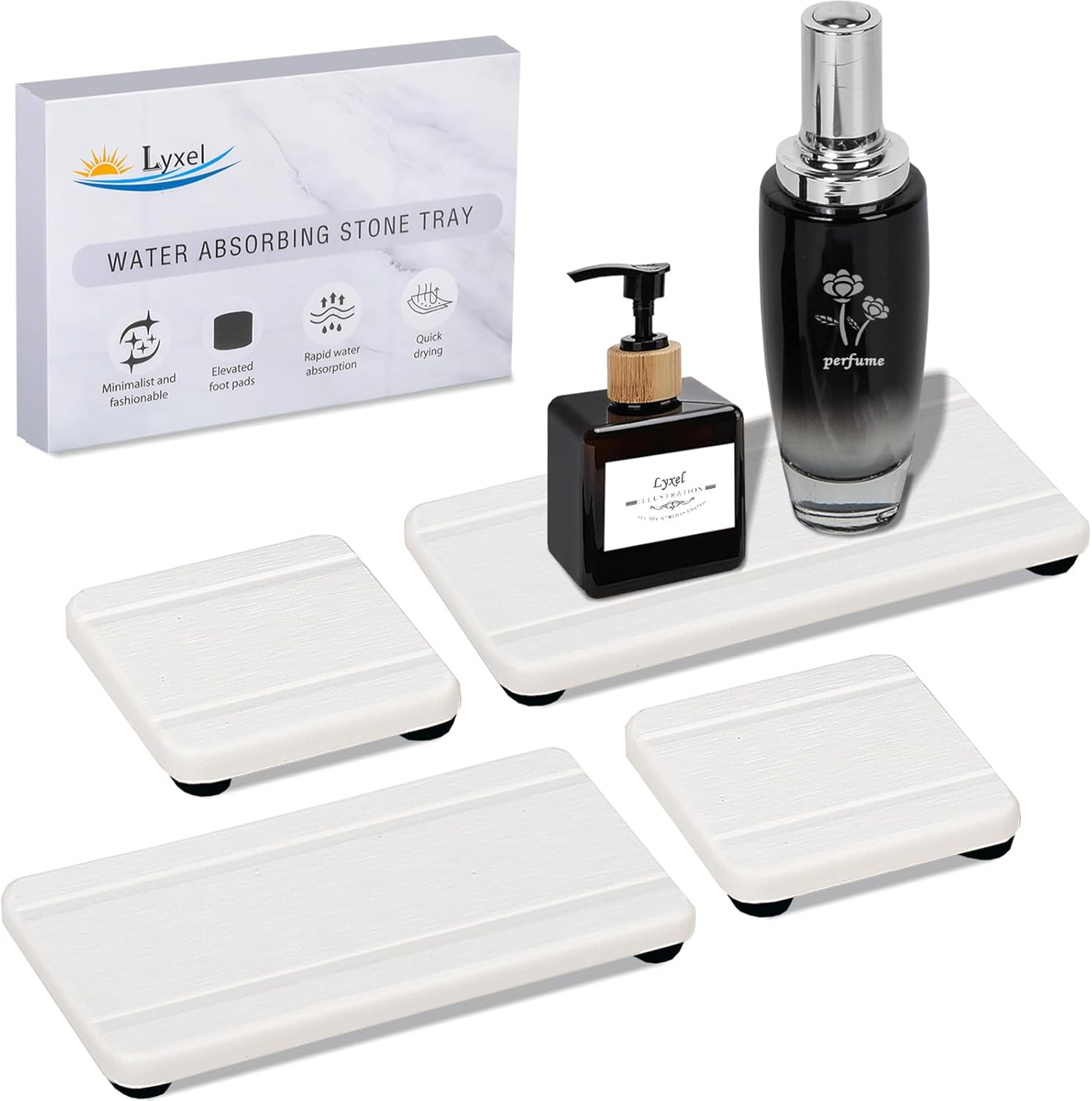 Skiennix 4PCS Stone Drying Trays - Water Absorbent Diatomaceous Earth Soap Dish Set | Ideal for Bathroom & Kitchen