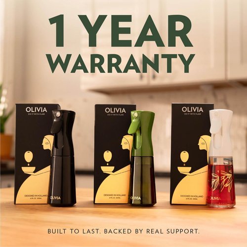 FLAIROSOL OLIVIA Oil Sprayer - 200ml Glass Olive Oil Dispenser with Portion Control | Perfect for Cooking, BBQ & Salads (Green Bottle, Gold Print)
