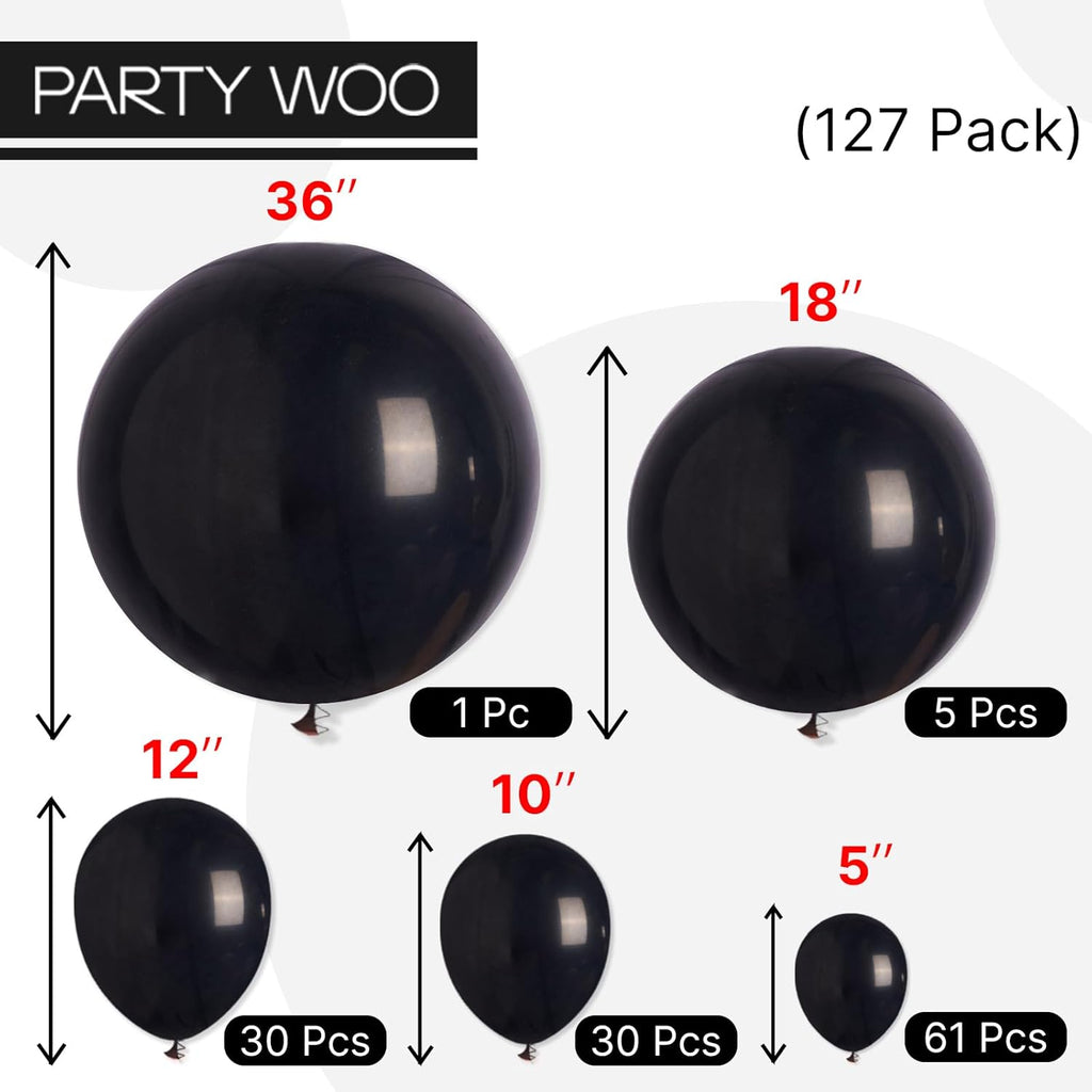 PartyWoo Black Balloons - 127-Piece Matte Latex Balloon Arch Kit for Graduation, Halloween & Birthday Decor | Various Sizes 5-18 Inch
