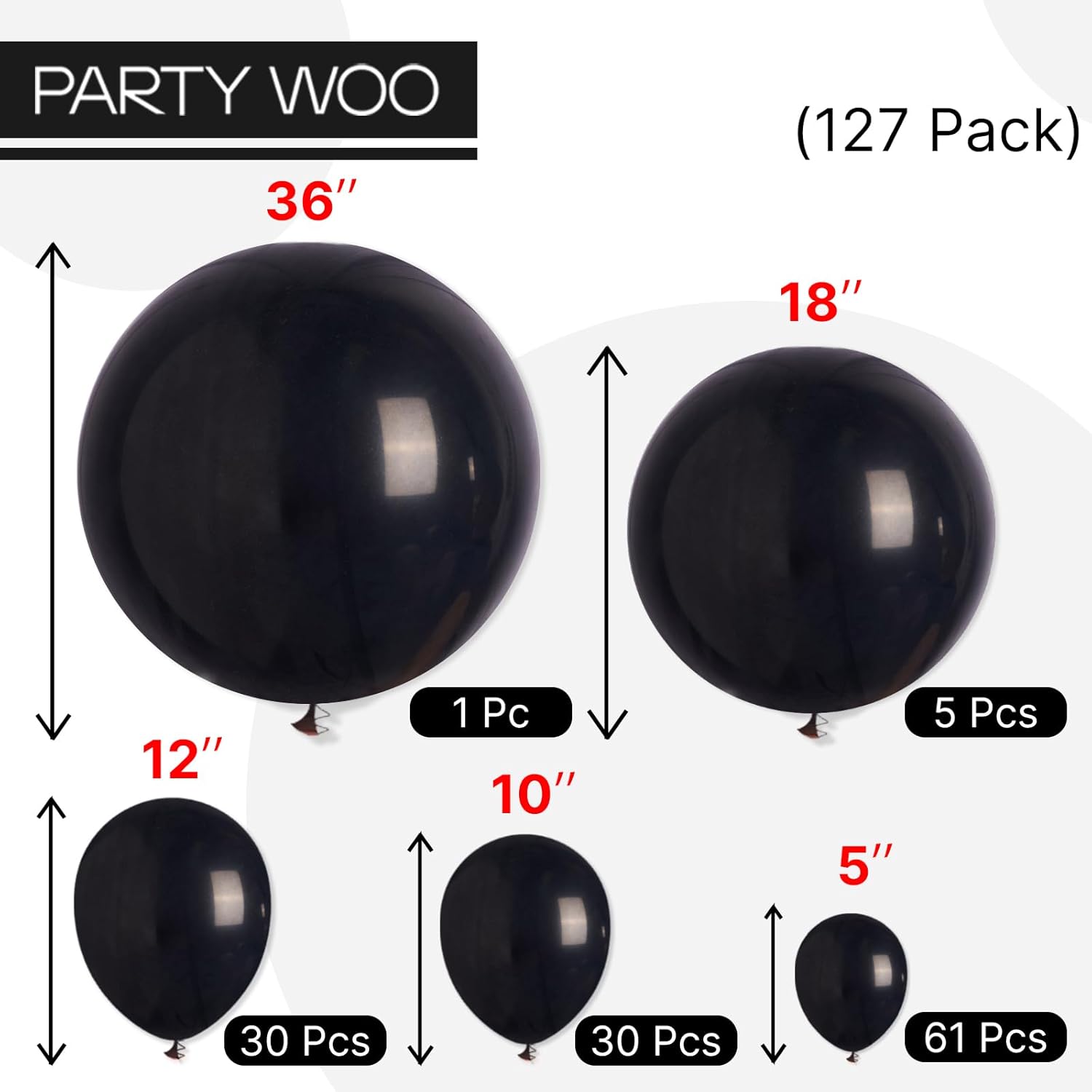 PartyWoo Black Balloons - 127-Piece Matte Latex Balloon Arch Kit for Graduation, Halloween, & Birthdays | Various Sizes 5-18 Inch