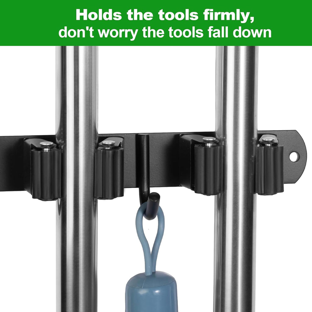 Voze Mop and Broom Holder - 5 Racks & 4 Hooks, Heavy-Duty Wall Mount Organizer | Black