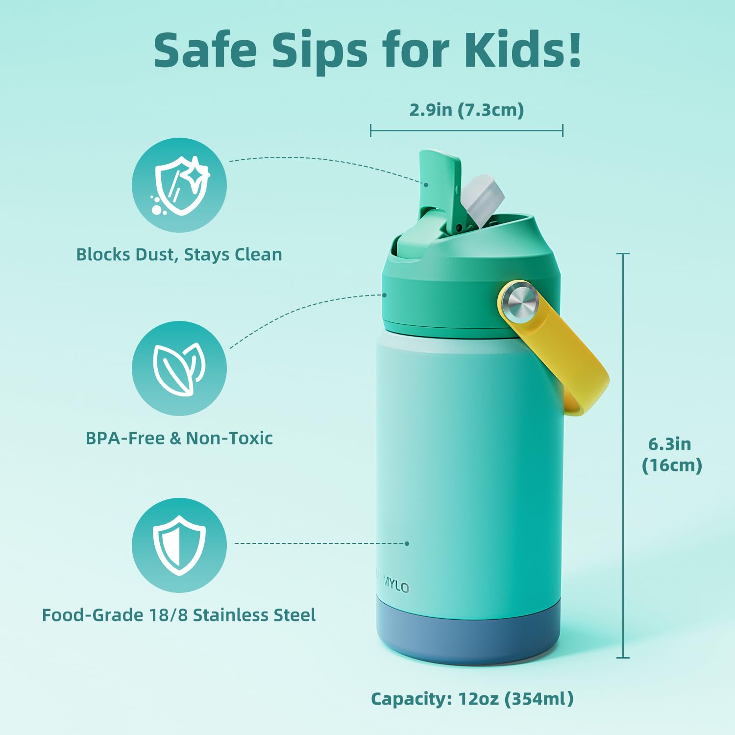 RAYMYLO Kids Water Bottle Stainless Steel Insulated, 12 oz Toddler Water Bottle for School Boys Girls, Toddler cups with Straw, Dishwasher Safe & BPA Free, Included DIY Stickers & Name Tag