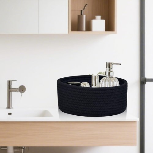 ABenkle Small Woven Basket - Decorative Cotton Rope Storage Bin for Toys, Spa, Socks | Round Design