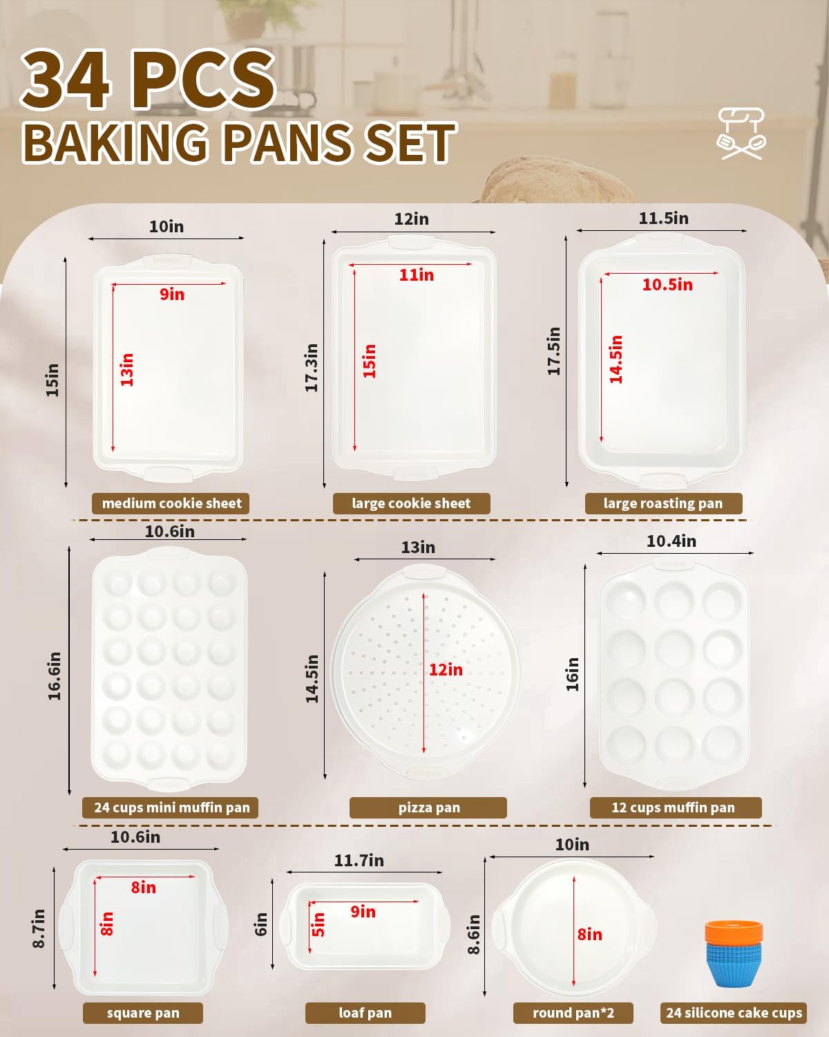 Skiennix Baking Pans Set - 34 PCS Nonstick Bakeware with Silicone Handles | Includes Cake, Cookie, Muffin, and Pizza Pans