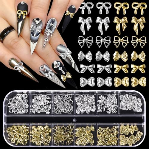 Anower Silver & Gold Bow Nail Charms 12 Styles Alloy Bowknot Studs