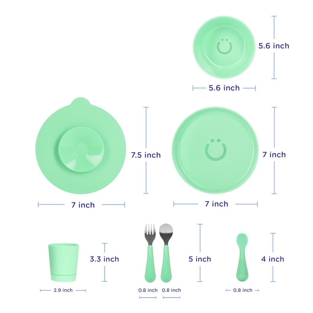 Ubbi Food-Grade Non-Toxic Toddler Feeding Set with Interchangeable Suction Base, Stainless Steel Utensils, BPA-Free, Stackable and Dishwasher-Safe, Self-Feeding for Baby-Led Weaning, Green