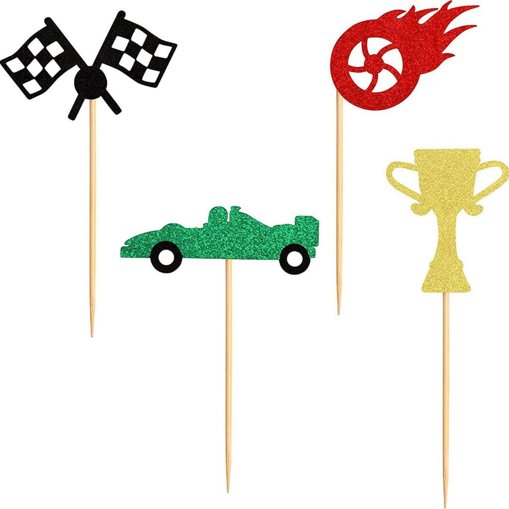 Skiennix 24Pcs Race Car Cupcake Toppers - Glitter Trophy Flags & Wheels for Racing Theme Parties