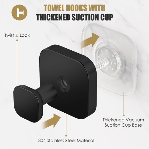 BKV Suction Cup Hooks - Heavy Duty Bathroom & Shower Hooks for Towels, Robes, & Wreaths | Black (2 Pack)