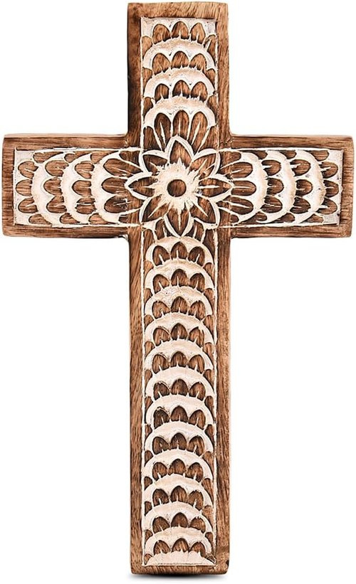 EDHAS Mango Wood Family Cross Decor - White Floral Carved Design | Home Decoration (10" x 6" x 0.5")