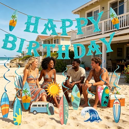 Glitter Blue Surf Birthday Party Decorations - 10 Surfboard Swirls