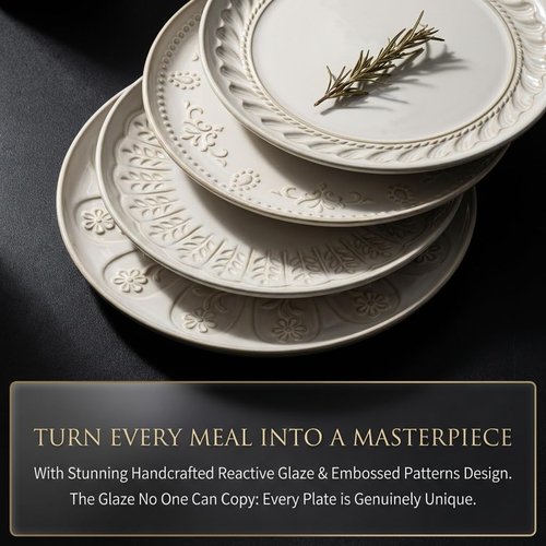 Artena Large Ceramic Dinner Plates - Set of 4, 10.75 Inch Embossed Kitchen Salad Plates | Microwave & Dishwasher Safe