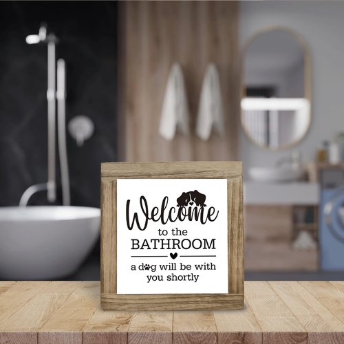 Dog Bathroom Decor, Funny Bathroom Decor, Interesting Wood Decoration for Restroom, Welcome to The Bathrooms A Dog Will be with You Sign, Indoor Bathrooms Toilet Wood Box Sign