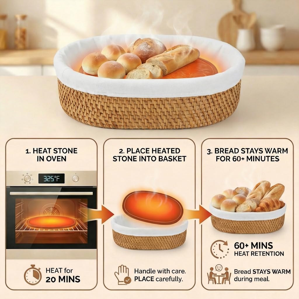 YANGQIHOME Bread Warmer Basket with Terracotta Warming Stone - Large Bread Basket for Sourdough, Tortillas, Rolls - Keeps Bread Warm 60+ Minutes - Includes Lid, Tongs & Liner