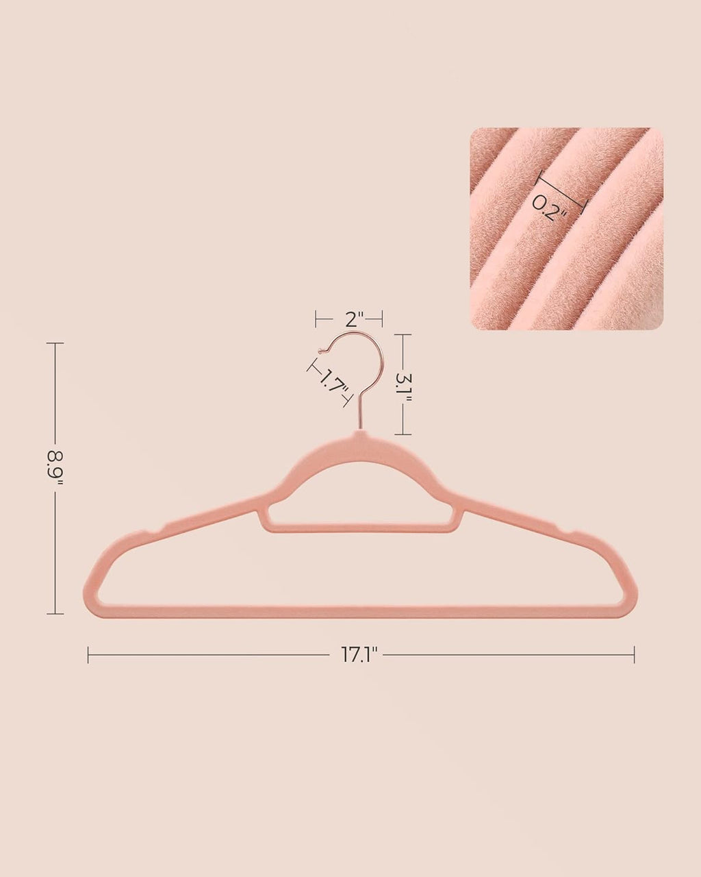 SONGMICS Velvet Hangers - Set of 50 Non-Slip Clothes Hangers with Rose Gold Swivel Hook | Coral Pink, 17.1-Inch