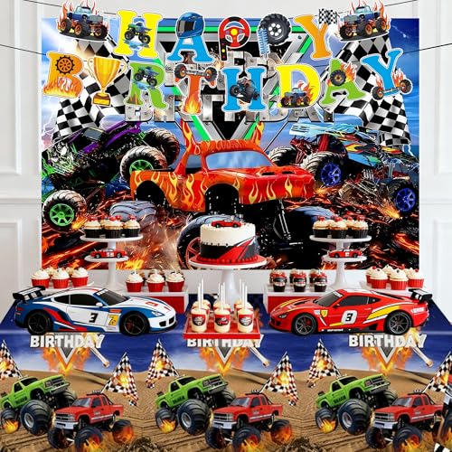 Truck Birthday Party Decorations Set - Backdrop, Banner & Tablecloth