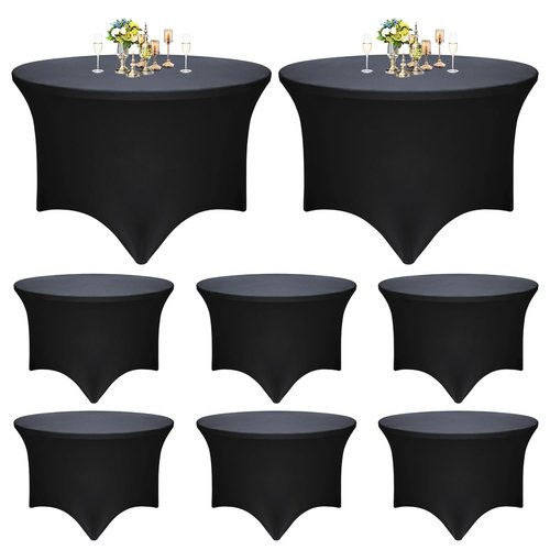 Yoquare 8 Pack - Black Round Table Skirt (60" Diameter x 30" H) for 5ft Tables | Polyester Spandex Washable Cover | Wrinkle & Stain Resistant | Wedding, Party, Banquet Decor