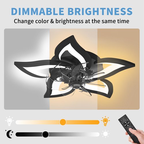 GooComfy Dimmable Ceiling Fan with Light and Remote Control, 27" Small Flush Mounted Ceiling Fan with Led Lights, APP and Remote Controlled, Modern, Black, Upgraded