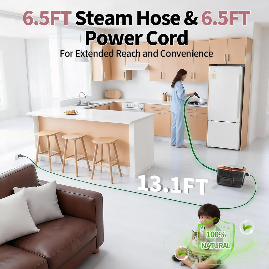 Skiennix Steam Cleaner - 3-Level Adjustable Steamer with Temp Display & 1.8L Tank | Fast Heat in 15s for Home & Car Cleaning