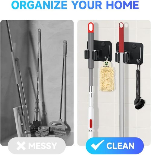 JAMEND Broom Holder - Heavy Duty Stainless Steel Mop Hanger | 2-Pack Wall Mount Utility Rack in Matte Black