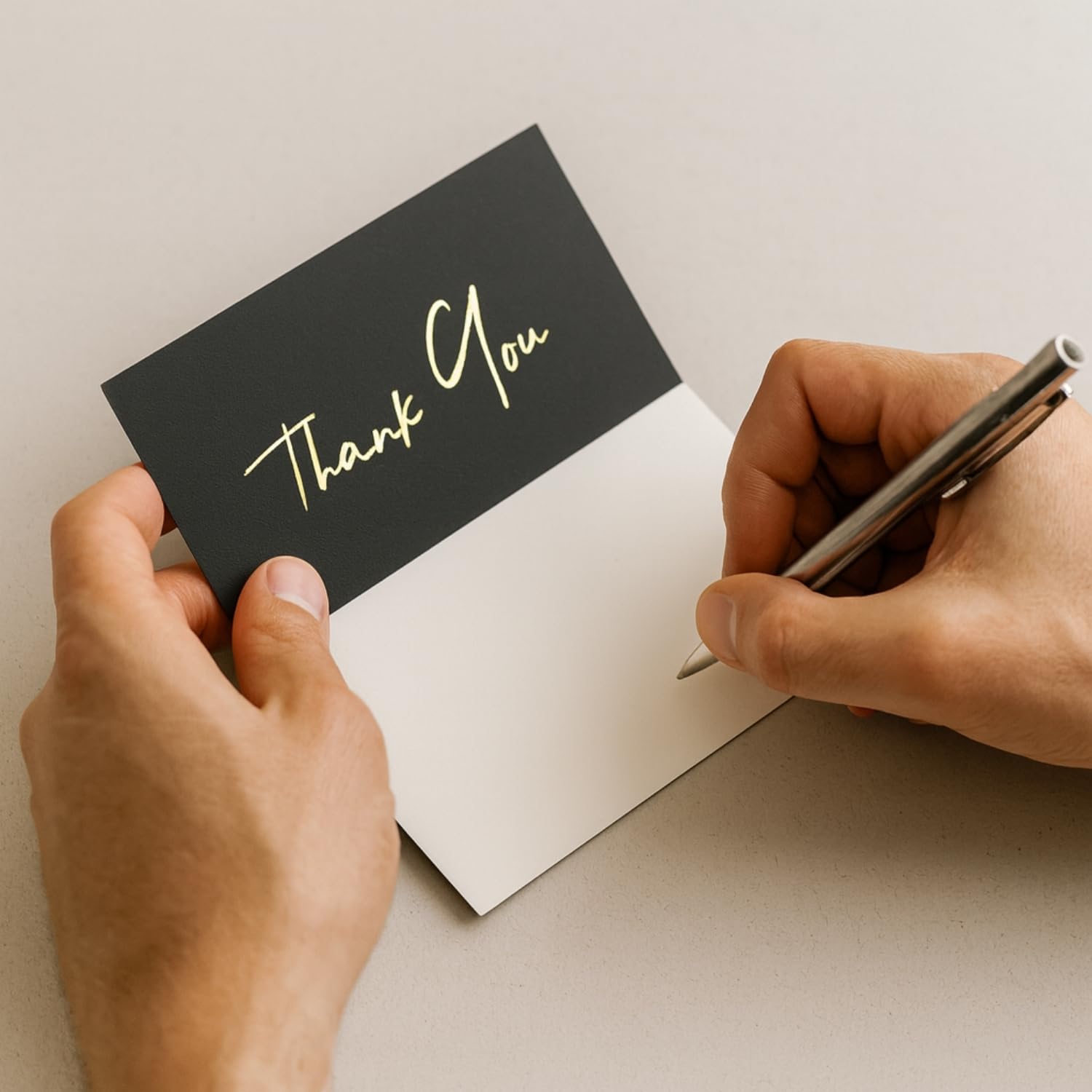 MIZENA Thank You Cards 100 Pack – 3.5x2” Black Cards with Gold Hot Foil – Ultra Thick 350 GSM Premium Thank You Inserts for Small Business Packaging & Wedding Gifts – Blank White Back