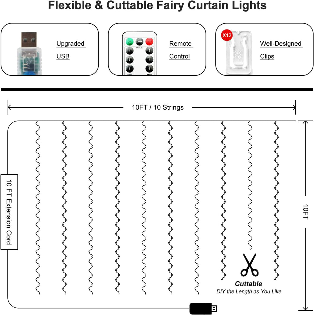 Skiennix 300 LED Fairy Curtain Lights - 9.8 x 9.8FT Warm White USB String Lights with Remote | 8 Modes for Christmas, Weddings, Parties, Indoor & Outdoor Use