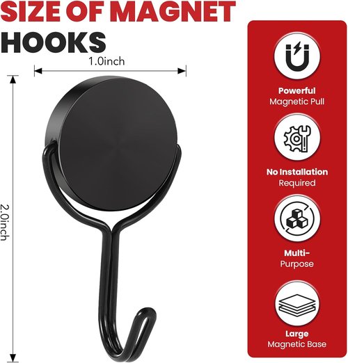 Buelkmag Magnetic Hooks - 50LBS Heavy Duty Magnet Hooks for Cruise Cabins & Home | 4 Pack - Black