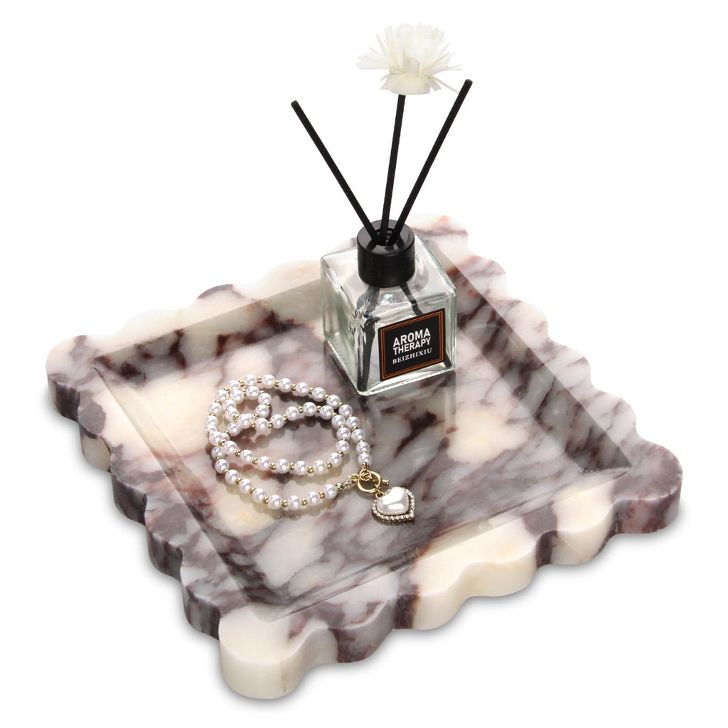 Square Marble Decorative Tray with Scalloped Edge,Luxury Natural Calcutta Stone Bathroom Vanity Tray, Dresser Top Perfume Coffee Home Sink Tray, Key Trinket Ring (Turkey Calacatta Viola, 8 * 8)
