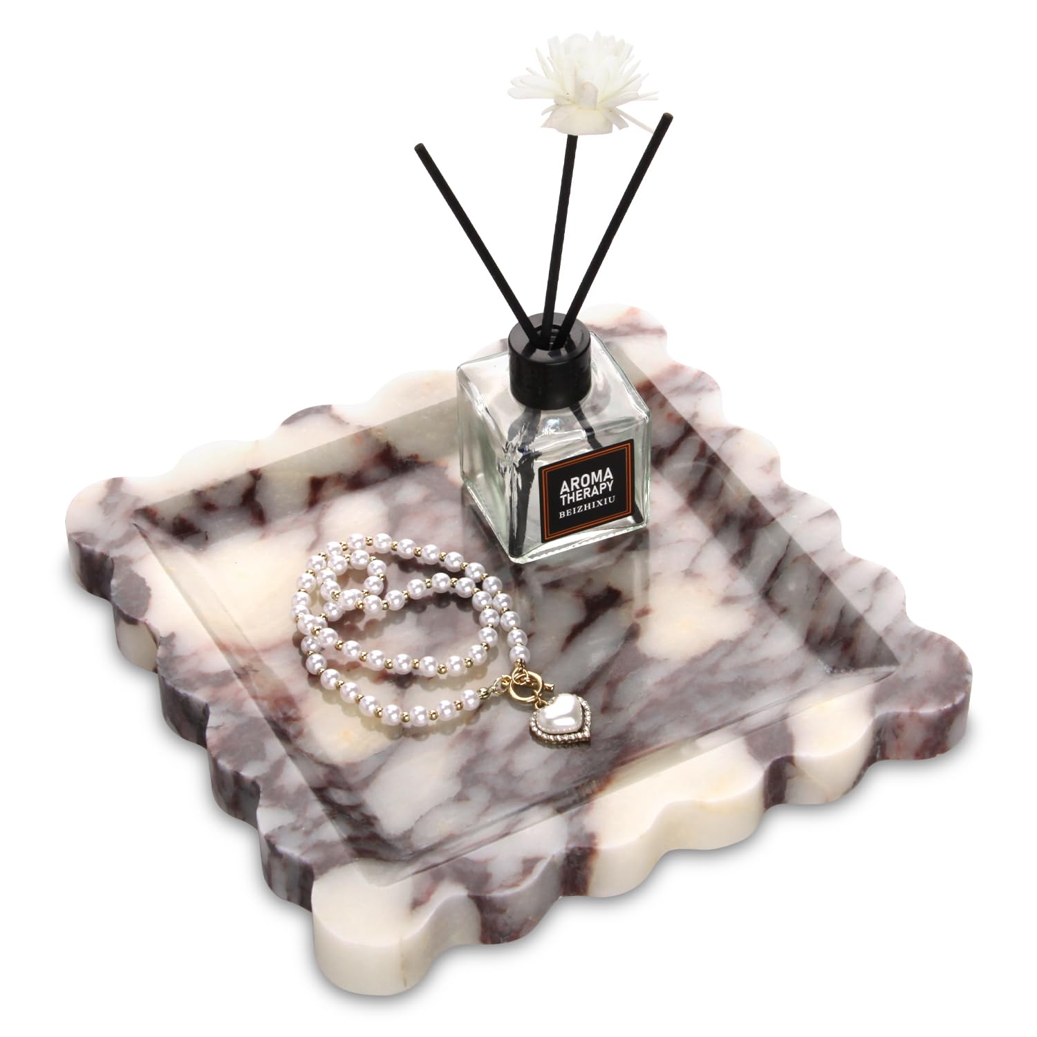 Square Marble Decorative Tray with Scalloped Edge,Luxury Natural Calcutta Stone Bathroom Vanity Tray, Dresser Top Perfume Coffee Home Sink Tray, Key Trinket Ring (Turkey Calacatta Viola, 8 * 8)