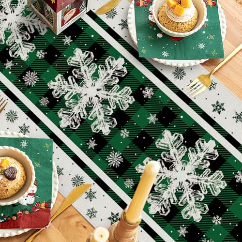 Snowflakes Christmas Table Runner Green Black Plaid Farmhouse Holiday Decor 13x48 Inch