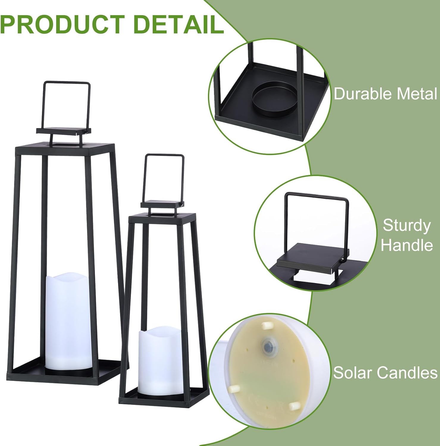 Skiennix Solar Lantern Set of 2 - Modern Black Metal Lanterns with Solar Candles | 18’’ & 15’’ for Outdoor Decor