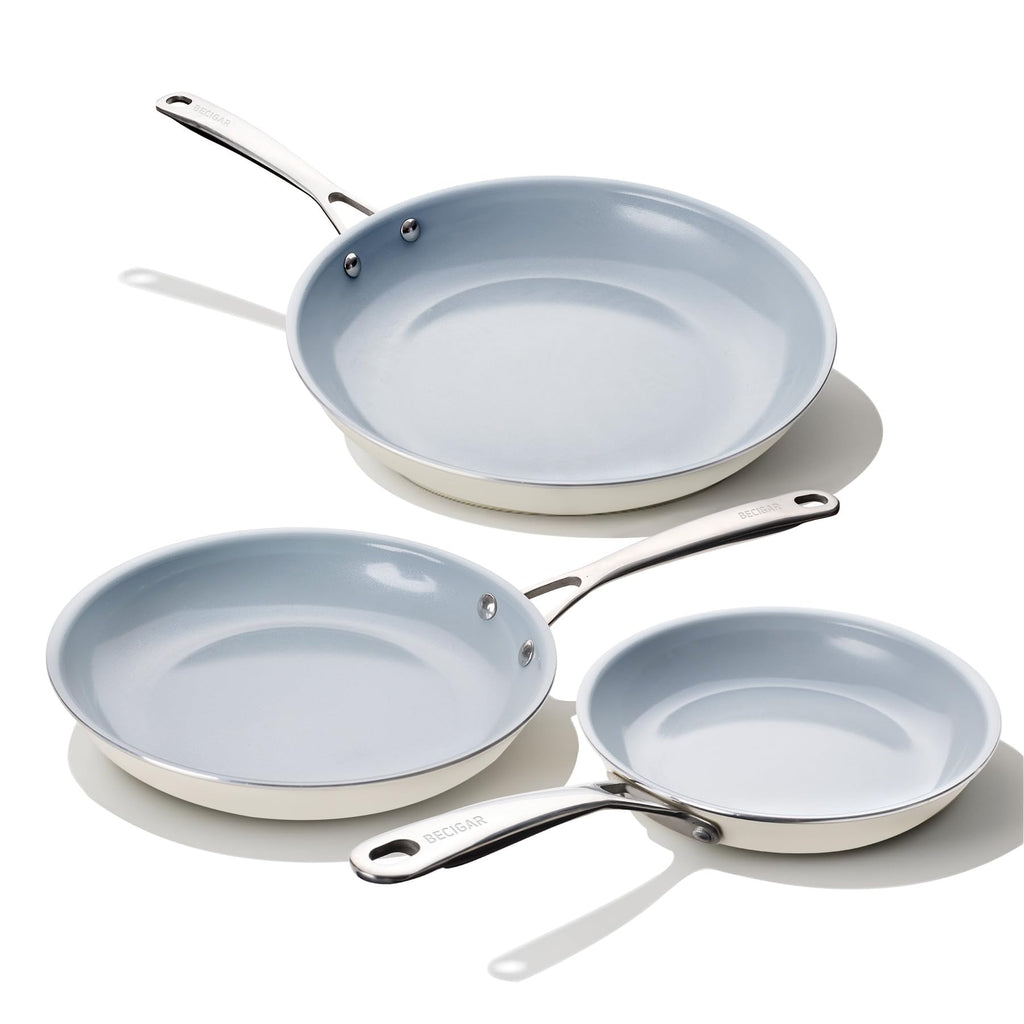 BECIGAR Ceramic Frying Pan Set with Stainless Steel Handle - Perfect Cookware Set for Steak & Non Stick Cooking - Ceramic Pans Set Non Stick Trendy Essential for Young Chefs(Cream White)