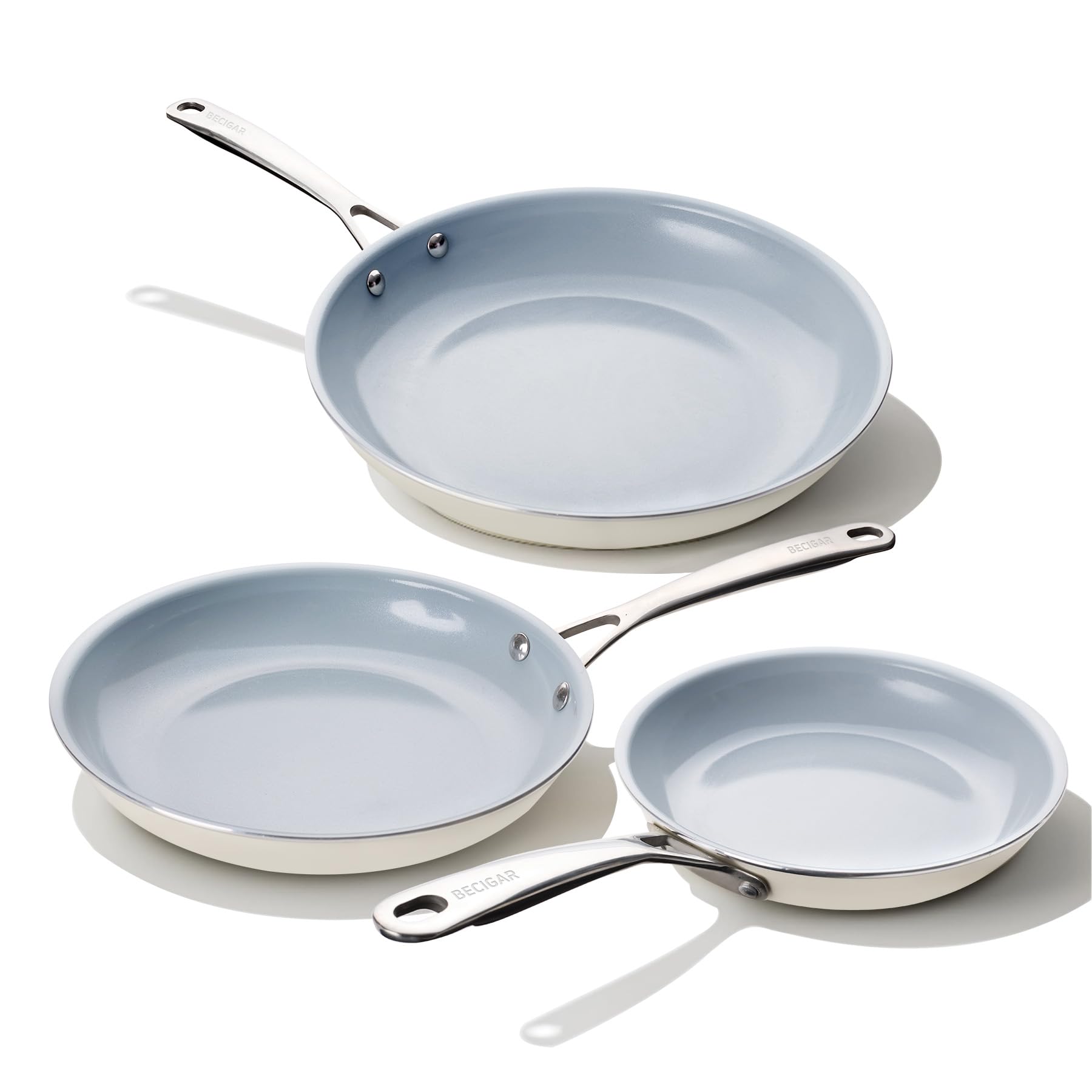 BECIGAR Ceramic Frying Pan Set with Stainless Steel Handle - Perfect Cookware Set for Steak & Non Stick Cooking - Ceramic Pans Set Non Stick Trendy Essential for Young Chefs(Cream White)
