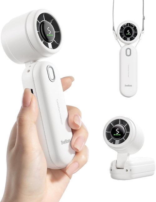Diveblues High-Speed Portable Handheld Turbo Fan - USB Rechargeable, Compact Design for Travel & Home (White)
