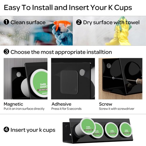 LifeMoreasy K Cup Holders, Acrylic Coffee Pods Organizer Stand Magnetic & Self-Adhesive Wall Mounted K Cup Stand for Kitchen Wall, Cabinet, Fridge (4 Pack for 16 Pods)