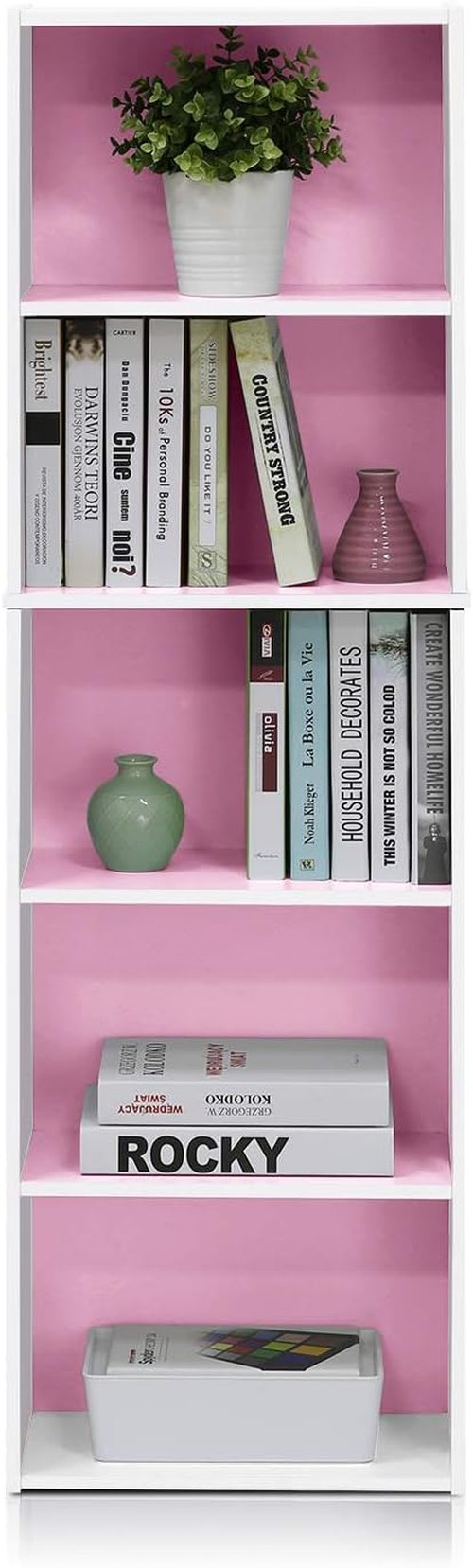 Furinno LUDER 5-Tier Bookshelf - Open Shelves for Easy Assembly | White/Pink, 9.4 x 15.8 x 52 Inches