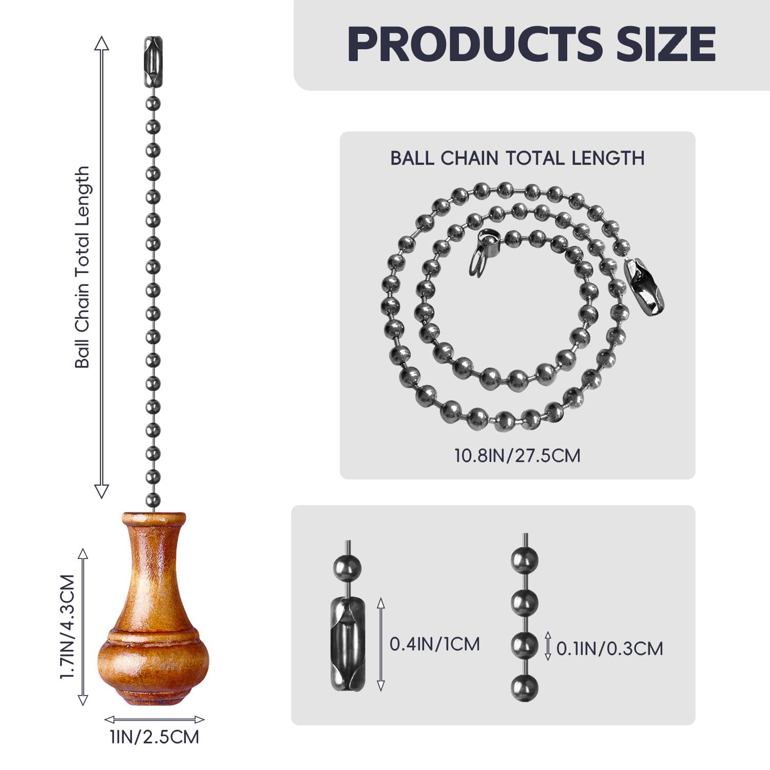 SHIFANQI Ceiling Fan Pull Chain, 4 Pack Wooden Pendant Pull Chain Extension, 12 Inches Decorative Chain Pulls for Ceiling Light Fan Lamp, Beads Ball Pull Chain Extenders with Connector, D