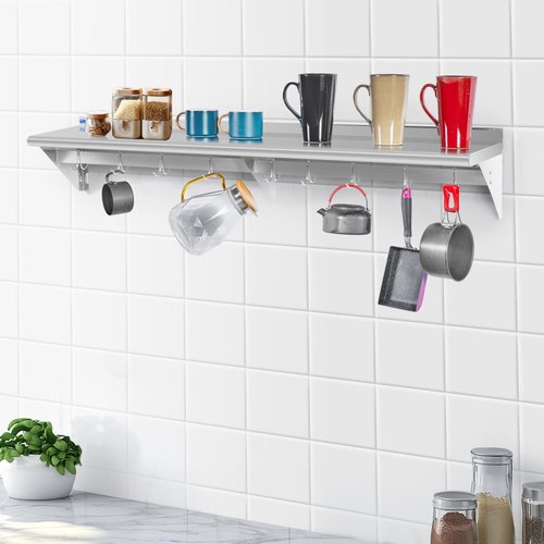 Hally Stainless Steel Shelf with 6 Hooks 18" x 48" Wall Mounted Pot Rack 400lb, NSF Commercial Floating Shelving for Storage Hanging Pots, Pans, cookware in Restaurant, Kitchen, Home and Hotel