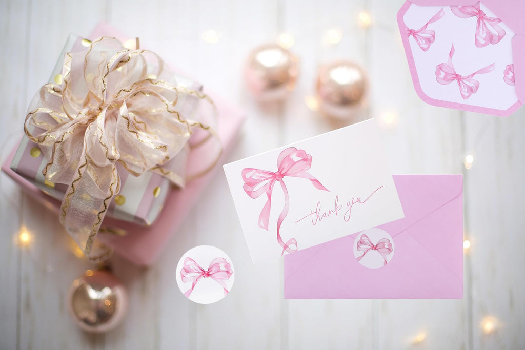 30Pack Pink Bow Thank You Cards with Envelopes Stickers Bow Blank Note Card Watercolor Greeting Card for Wedding Party Birthday Supplies (Pink)