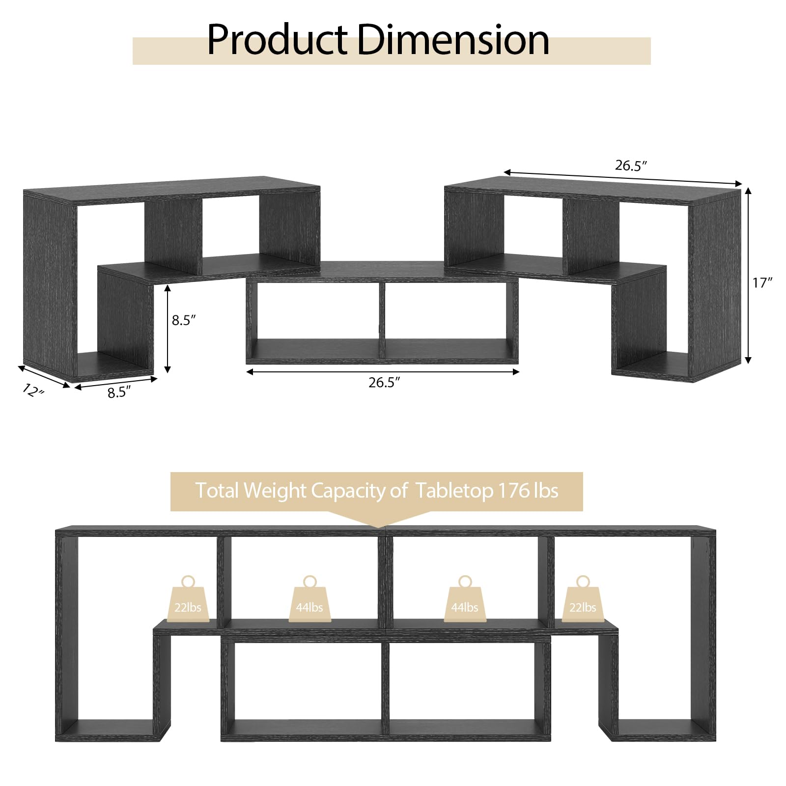 Tangkula 3 Pieces Console TV Stand, Free-Combination Entertainment Center for 50 55 60 65 Inch TV, Minimalist Modern TV Table Media Stand, DIY Open Storage Bookcase for Living Room (Black Wood Grain)