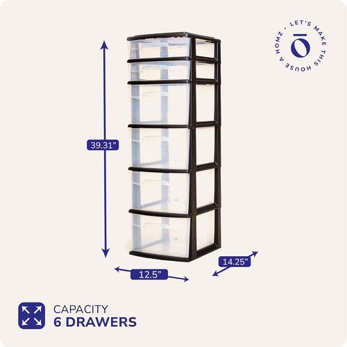 HOMZ 6-Tier Drawer Tower - Heavy-Duty Clear Plastic Storage Organizer Cart for Home & Closet